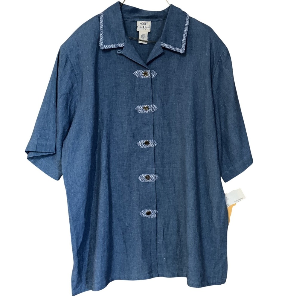 Koret City Blues Petites Shirt M Blue Linen Rayon Gingham Trim Button Front NWT